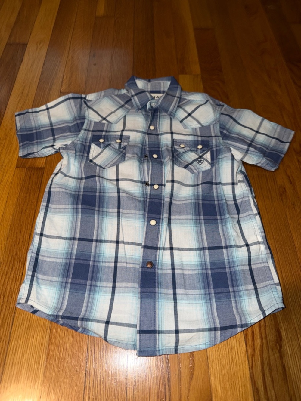 Boys Pearl Snap Short-Sleeve Plaid Button-Up Shirt - Blue